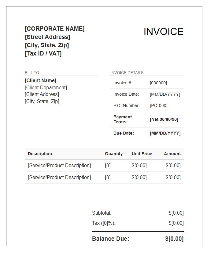 Corporate Net Terms Credit Invoice Template
