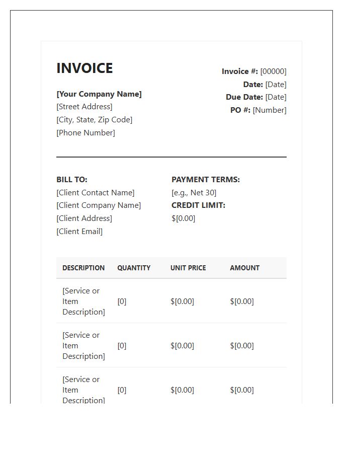 Formal Business Credit Billing Invoice Template