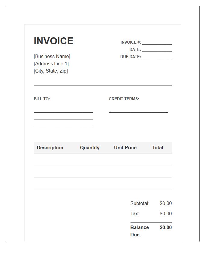 General Business Credit Transaction Invoice Template