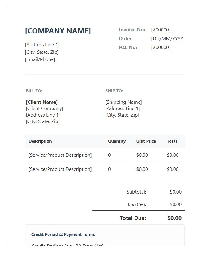 Professional Business Credit Period Invoice Template
