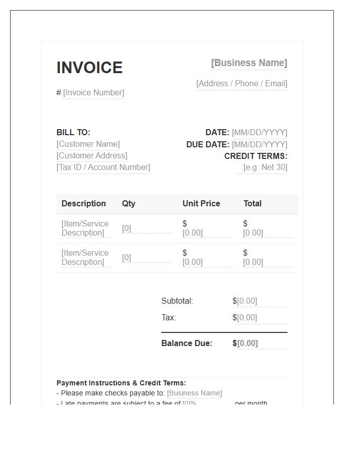 Small Business Credit Sales Invoice Template