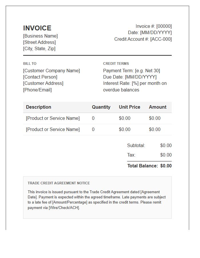 Trade Credit Agreement Business Invoice Template