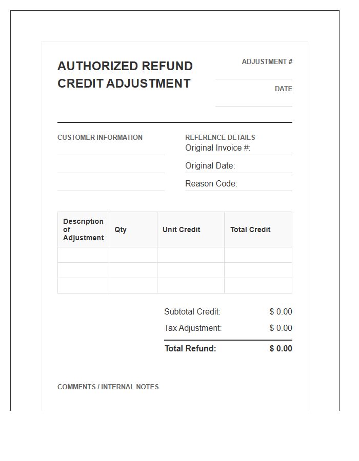 Authorized Refund Credit Adjustment Invoice Template