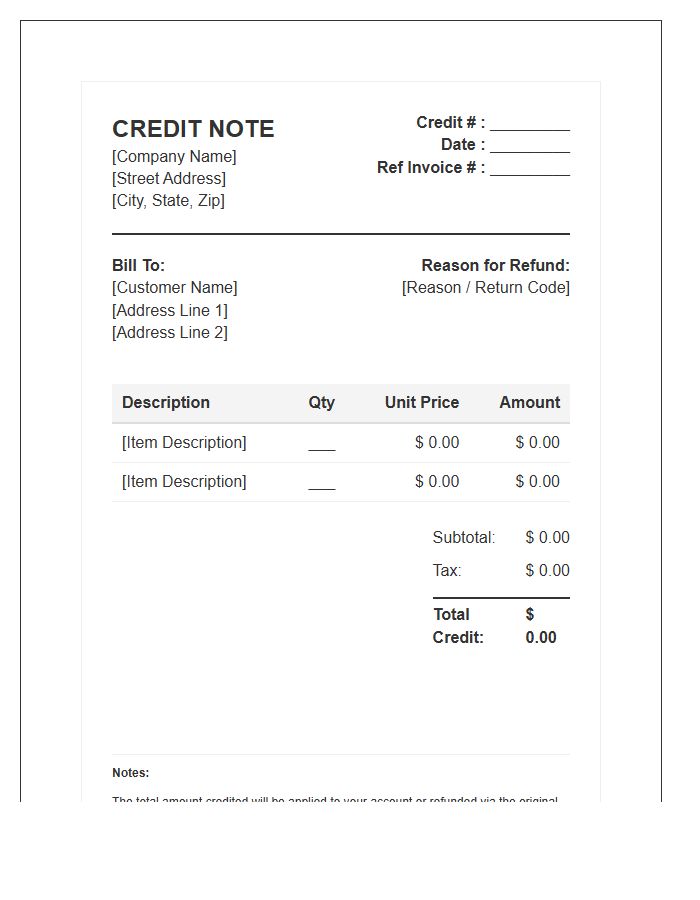 Business Refund Credit Invoice Template Layout