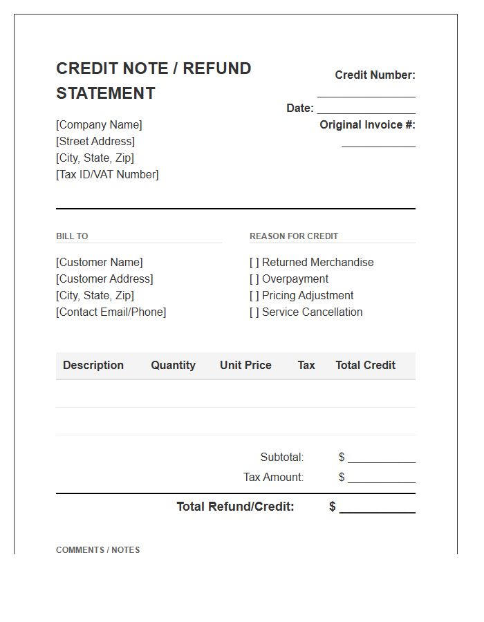 Commercial Refund Credit Statement Invoice Template