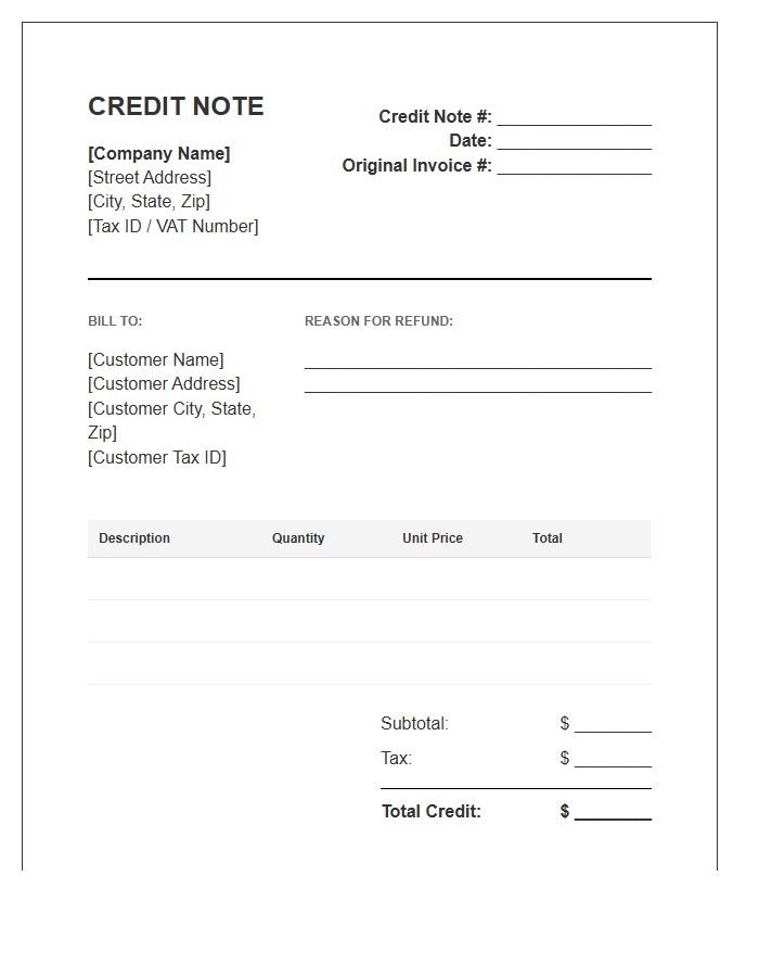 Corporate Refund Credit Note Invoice Template