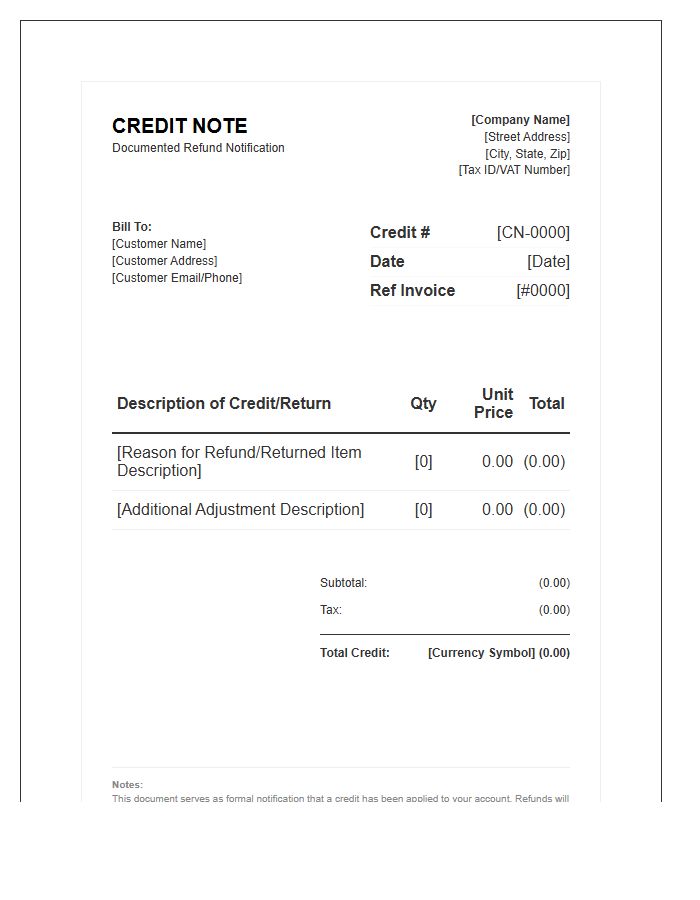 Documented Refund Credit Notification Invoice Template