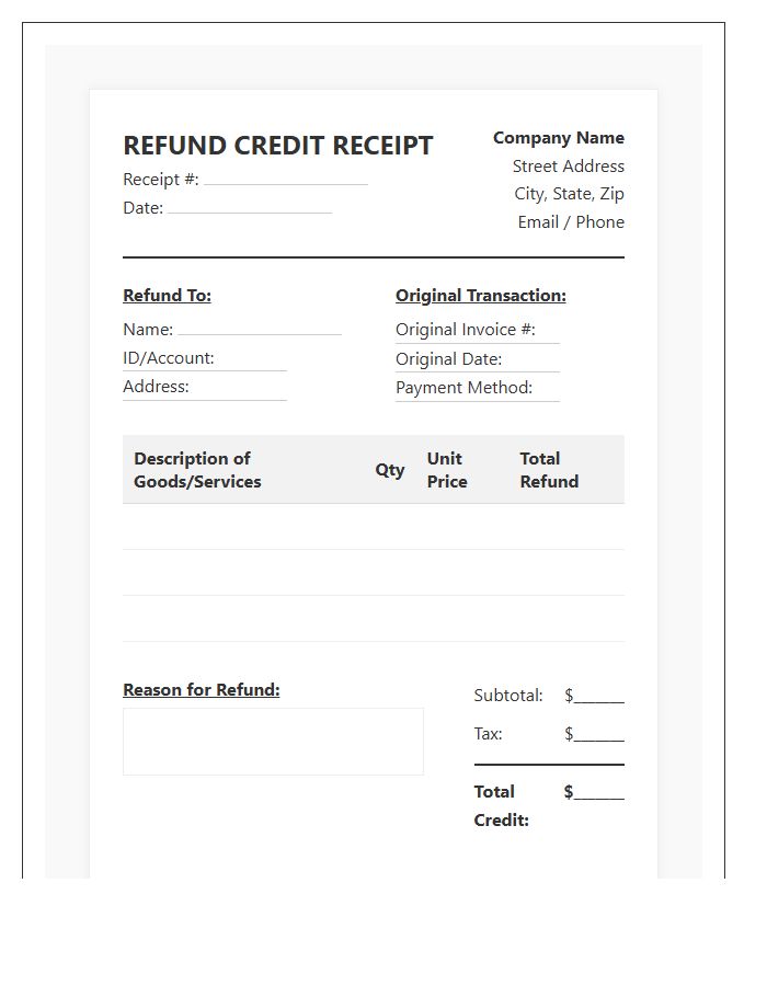 Electronic Refund Credit Receipt Invoice Template