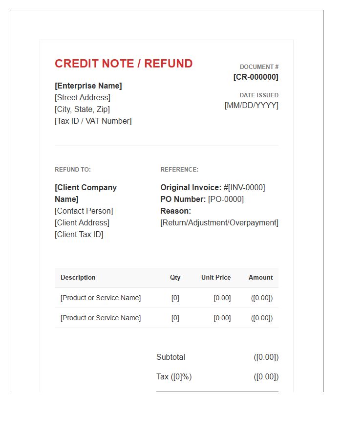 Enterprise Refund Credit Billing Invoice Template