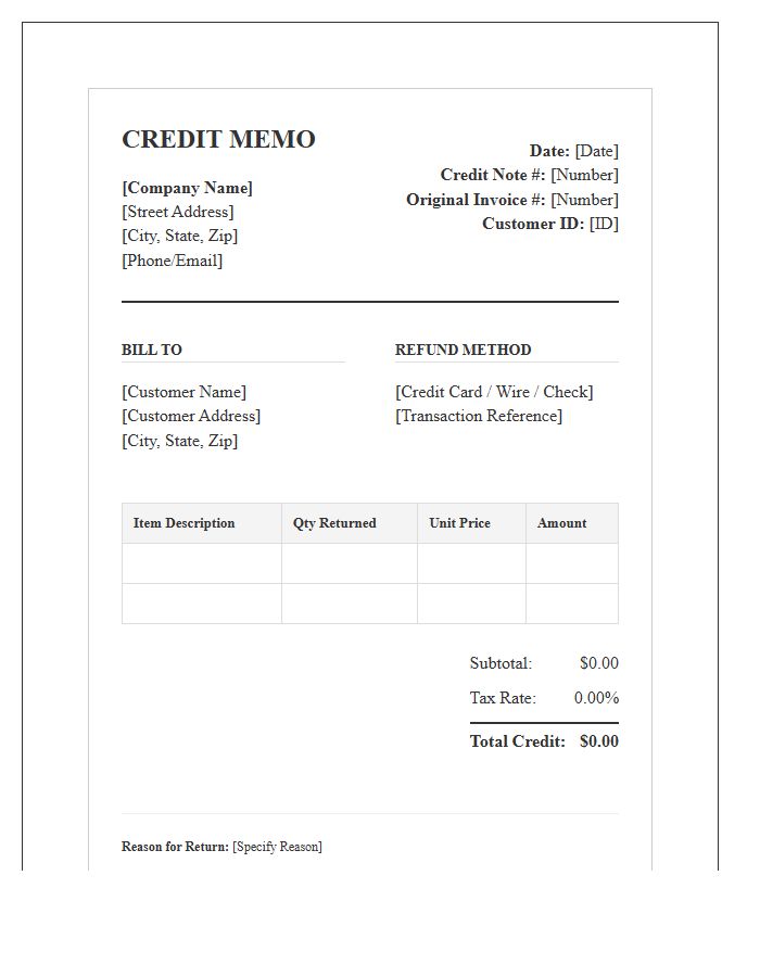 Formal Refund Credit Return Invoice Template