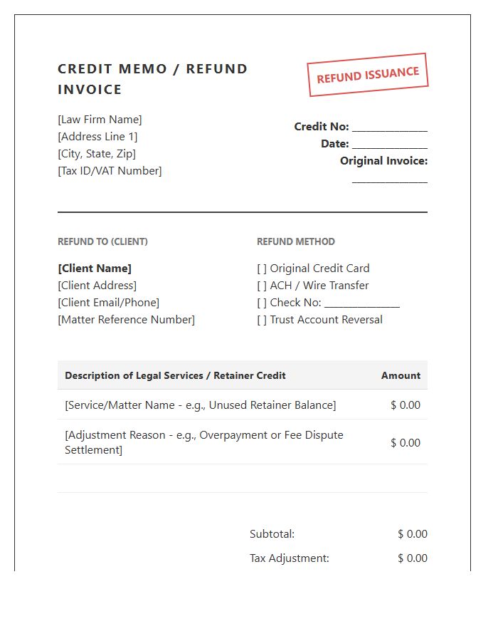 Legal Refund Credit Issuance Invoice Template