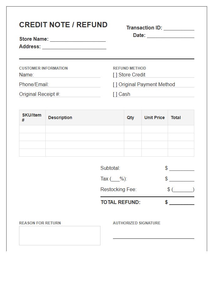 Retail Refund Credit Transaction Invoice Template