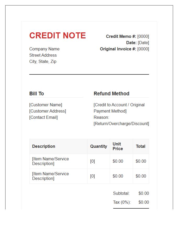 Standard Refund Credit Accounting Invoice Template