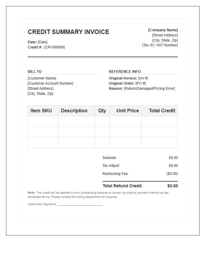 Wholesale Refund Credit Summary Invoice Template