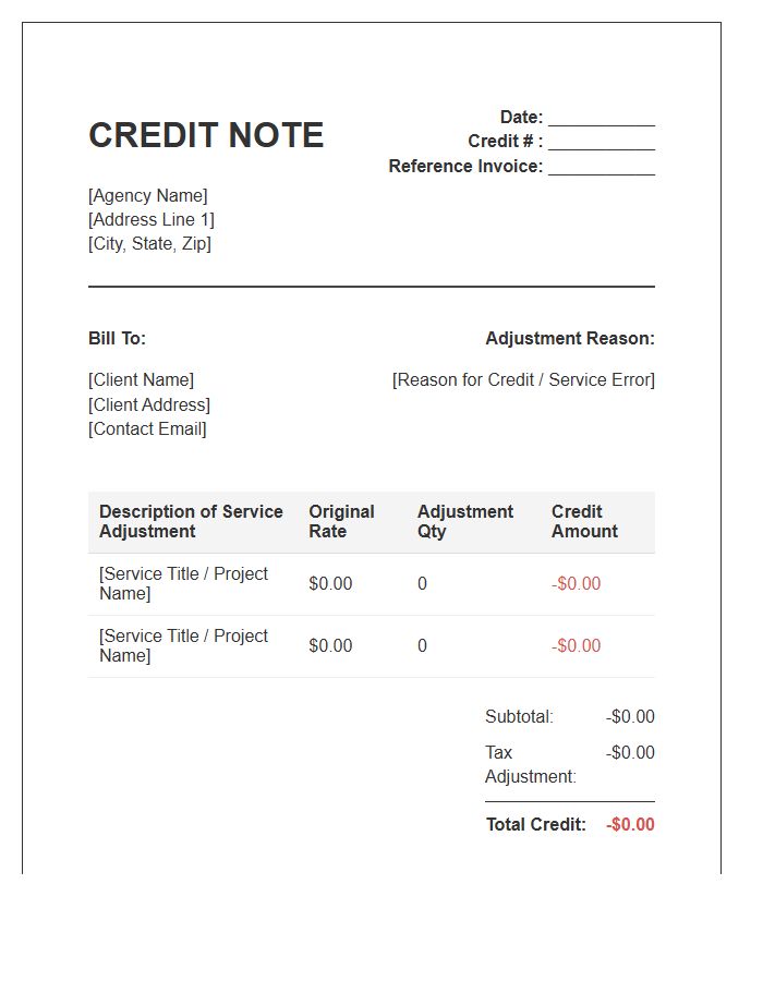 Agency Service Credit Adjustment Invoice Template