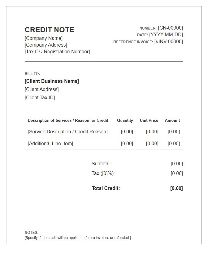 B2B Service Credit Note Invoice Template