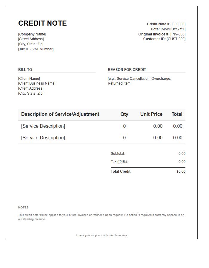 Business Service Credit Note Invoice Template