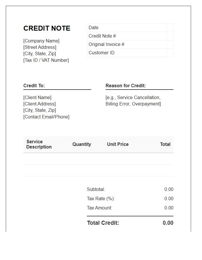 Commercial Service Credit Note Invoice Template