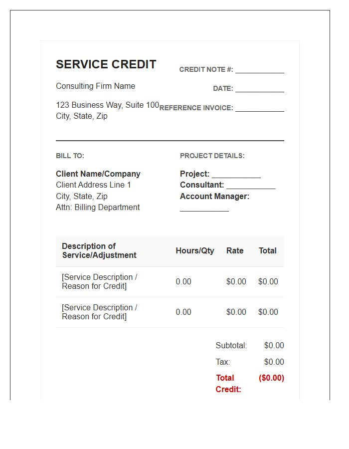 Consulting Firm Service Credit Invoice Template