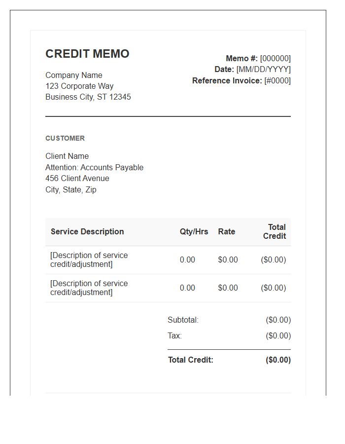 Corporate Service Credit Memo Invoice Template