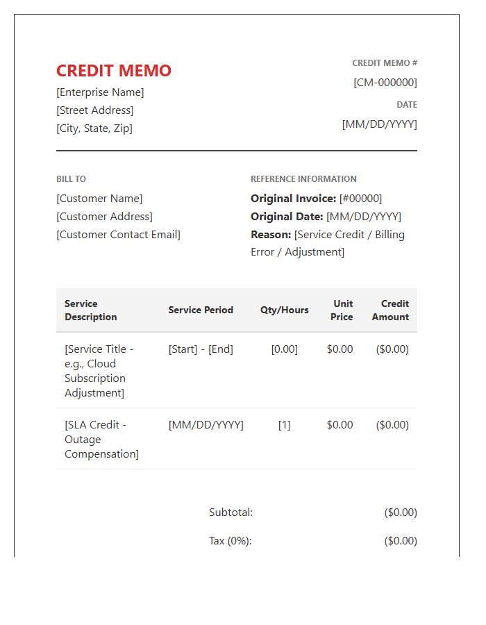 Enterprise Service Credit Memo Invoice Template