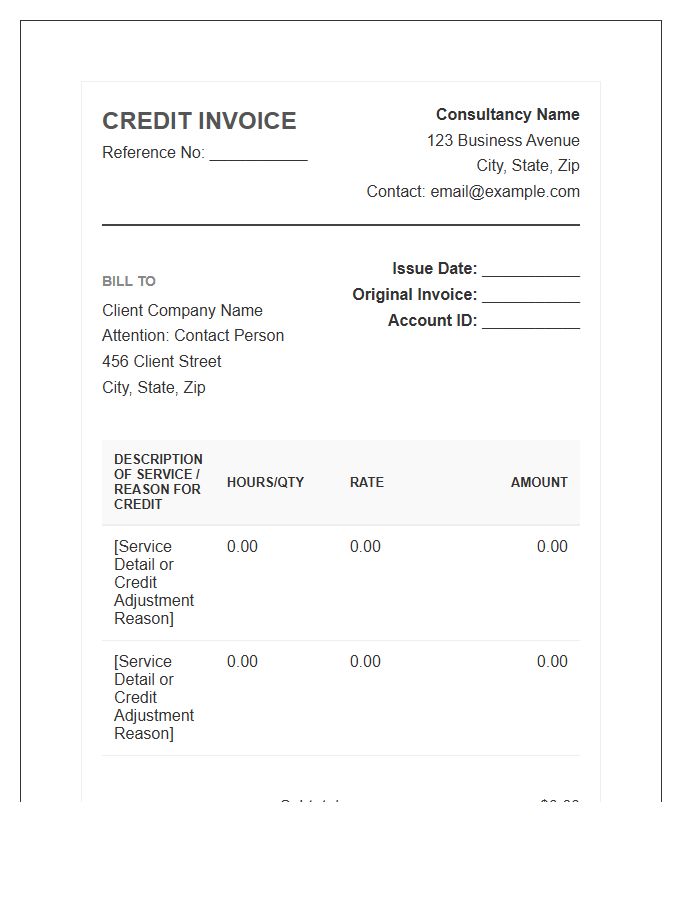 Formal Consultant Service Credit Invoice Template