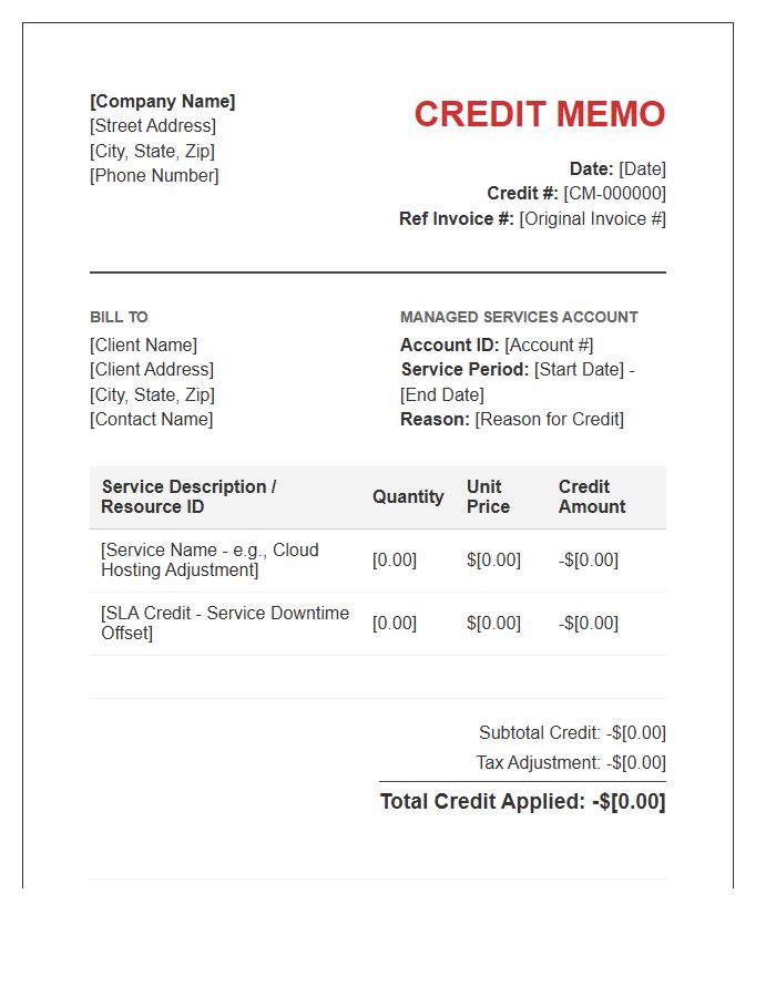 Managed Services Credit Memo Invoice Template