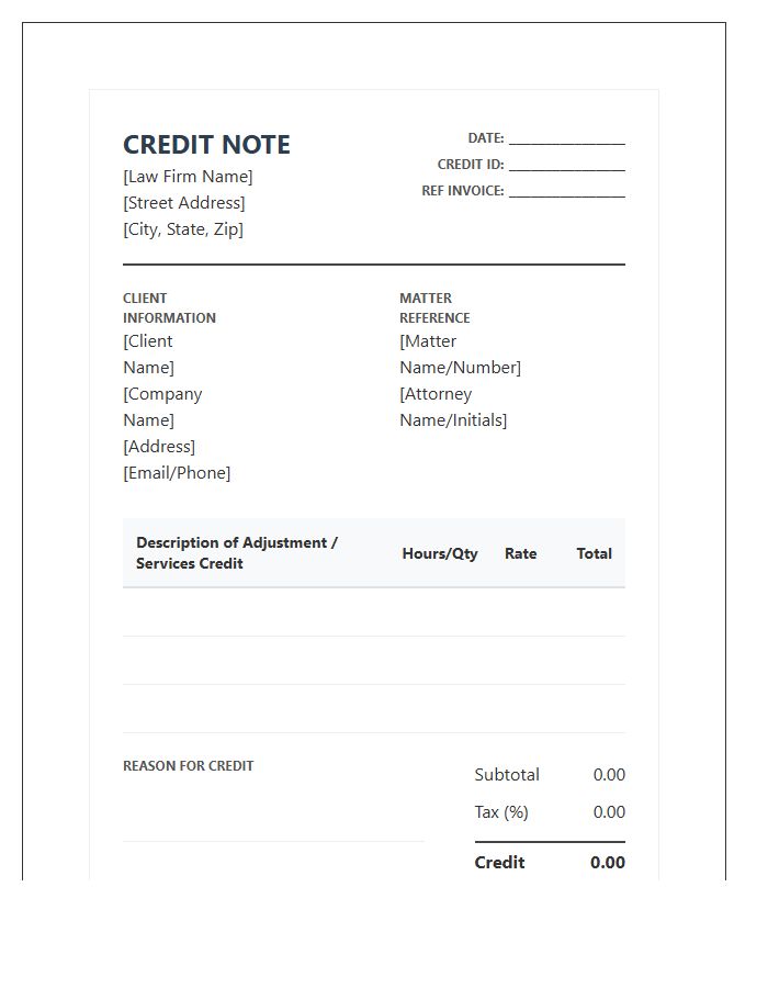 Professional Legal Service Credit Invoice Template