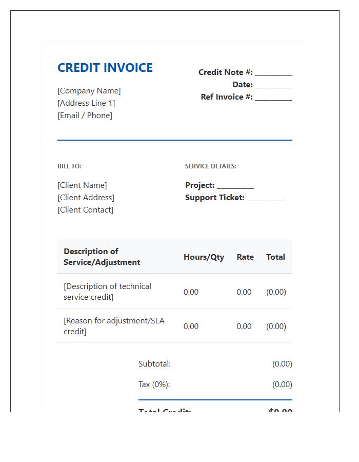Technical Service Credit Invoice Template
