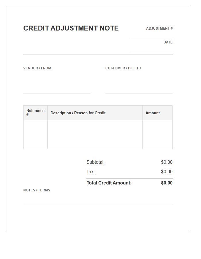 Account Credit Adjustment Invoice Template