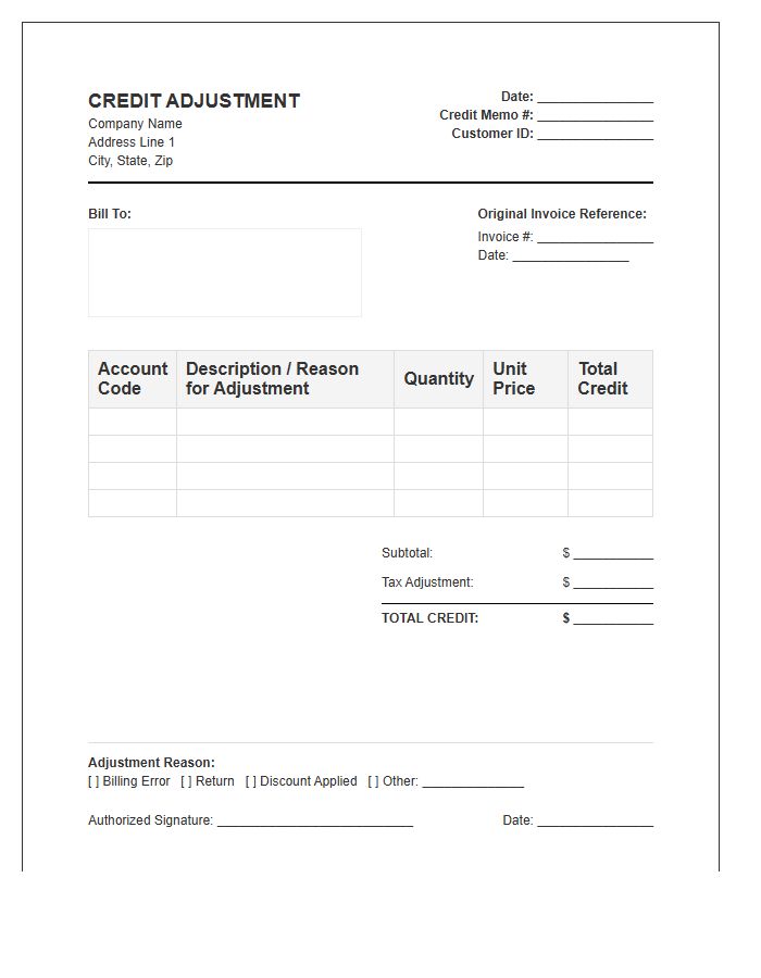 Accounts Receivable Credit Adjustment Invoice Template