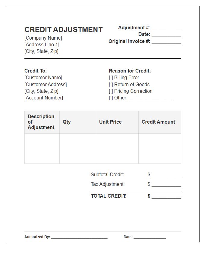 Billing Credit Adjustment Invoice Template