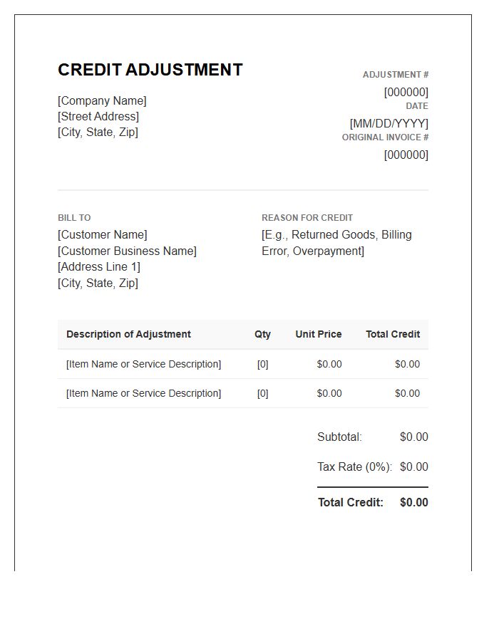 Business Credit Adjustment Invoice Template
