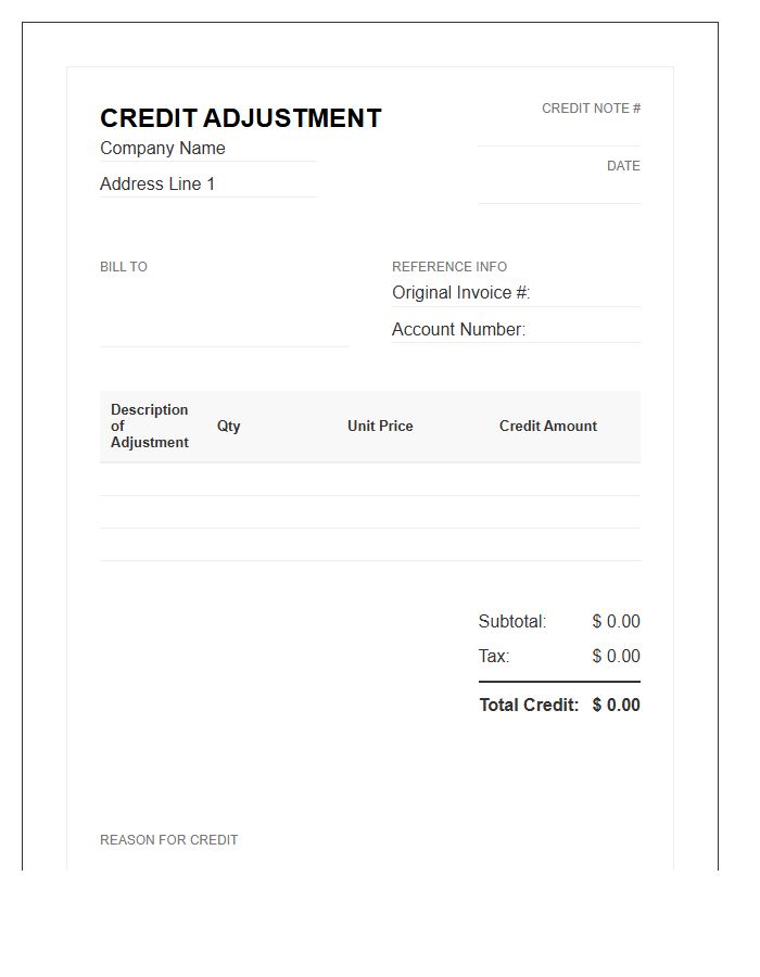 Commercial Credit Adjustment Invoice Template