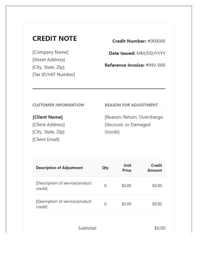 Professional Credit Adjustment Invoice Template