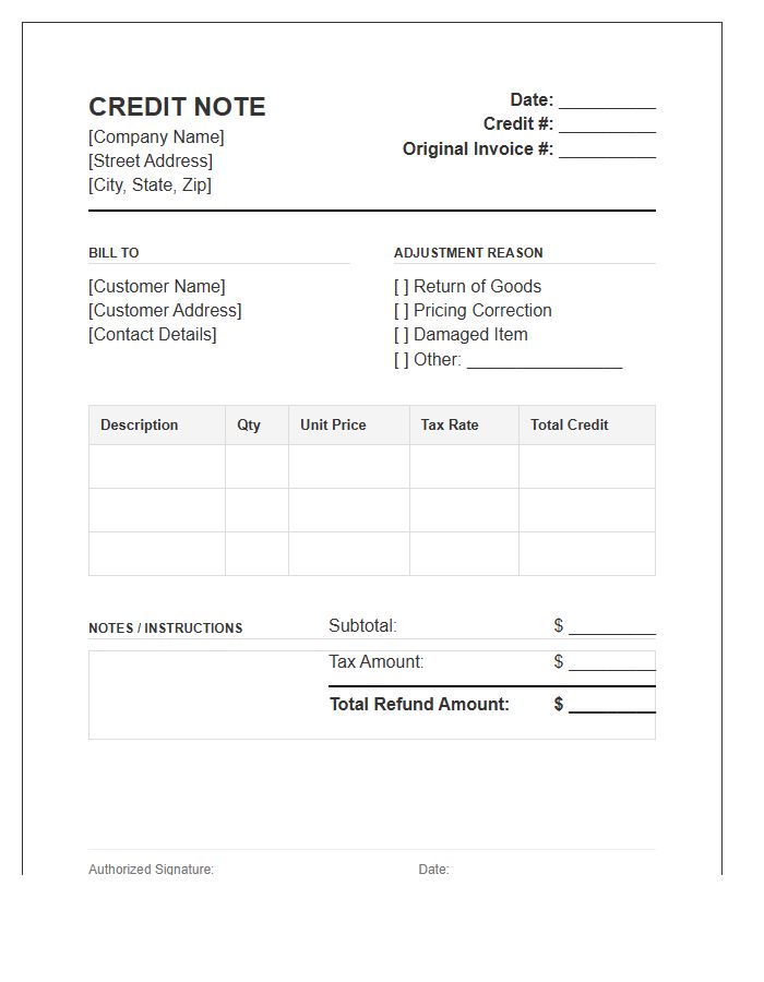 Refund Credit Adjustment Invoice Template