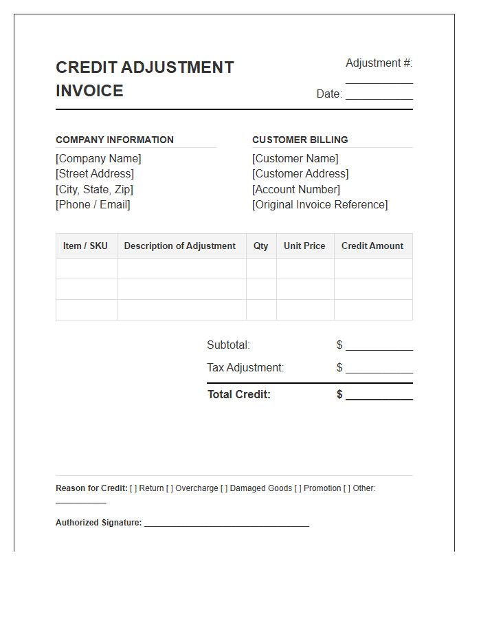Retail Credit Adjustment Invoice Template