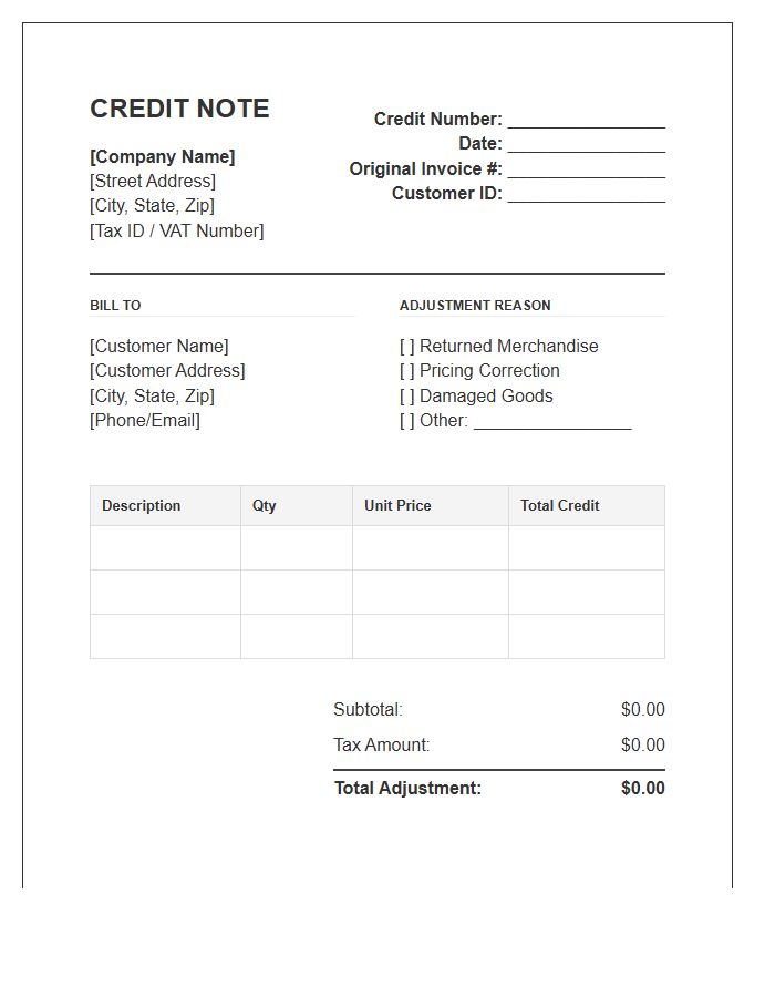 Standard Credit Adjustment Invoice Template