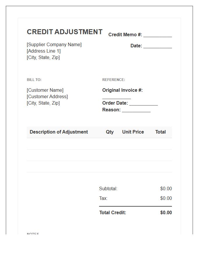 Supplier Credit Adjustment Invoice Template