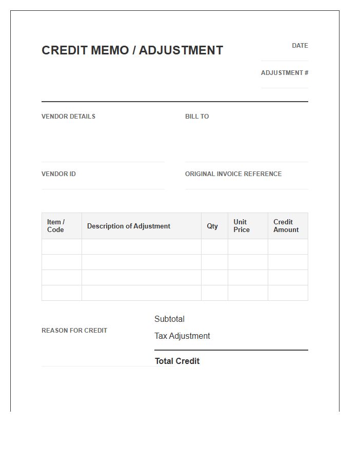 Vendor Credit Adjustment Invoice Template