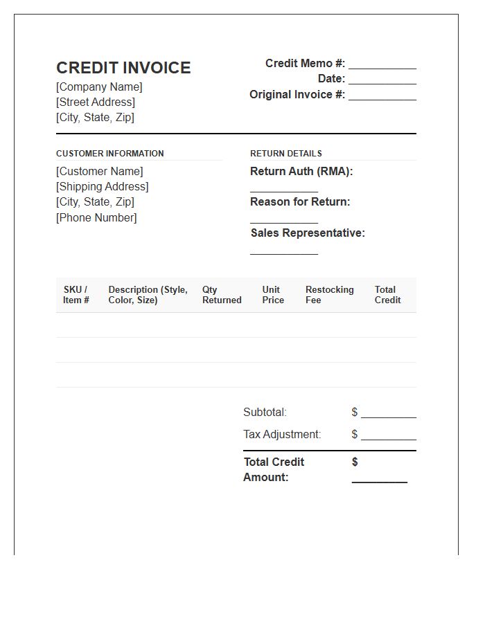 Apparel Retailer Sales Credit Invoice Template