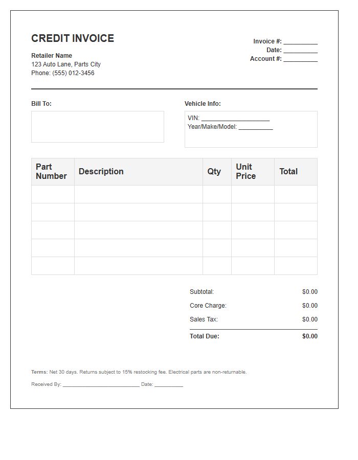 Automotive Parts Retail Credit Invoice Template