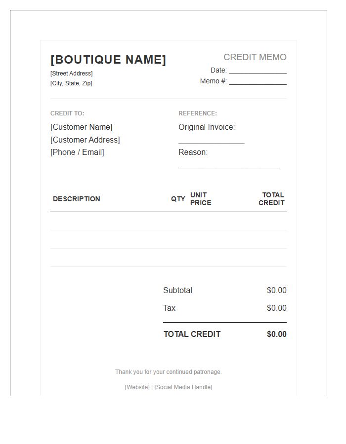Boutique Shop Sales Credit Memo Invoice Template