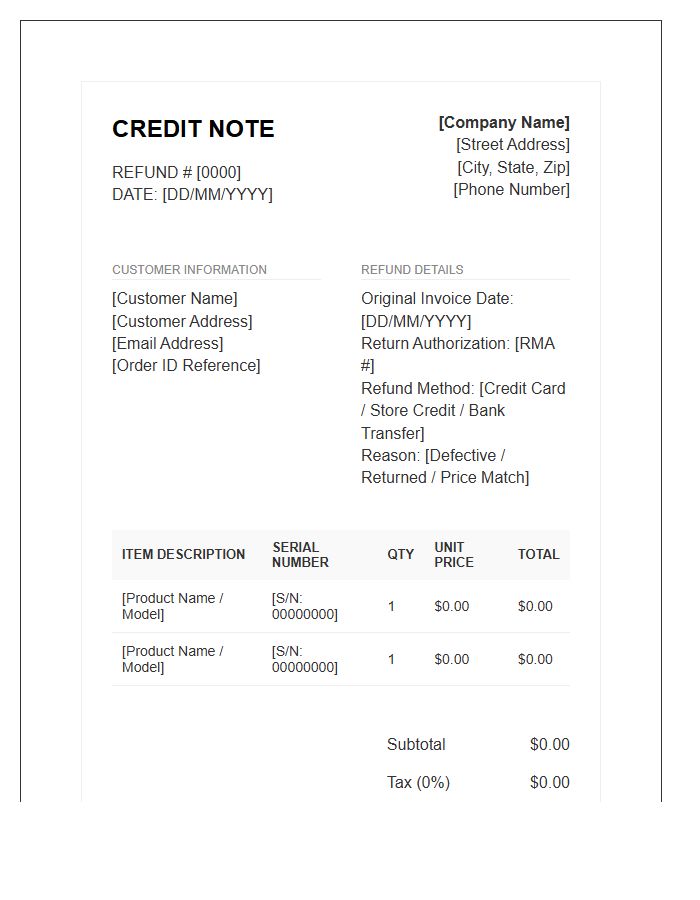 Consumer Electronics Refund Credit Invoice Template