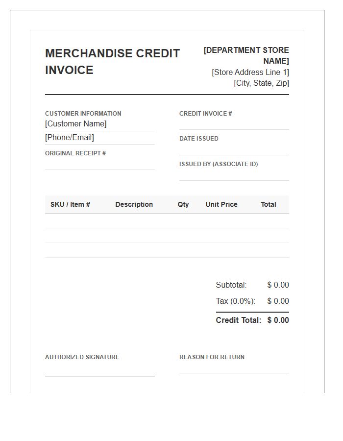 Department Store Merchandise Credit Invoice Template