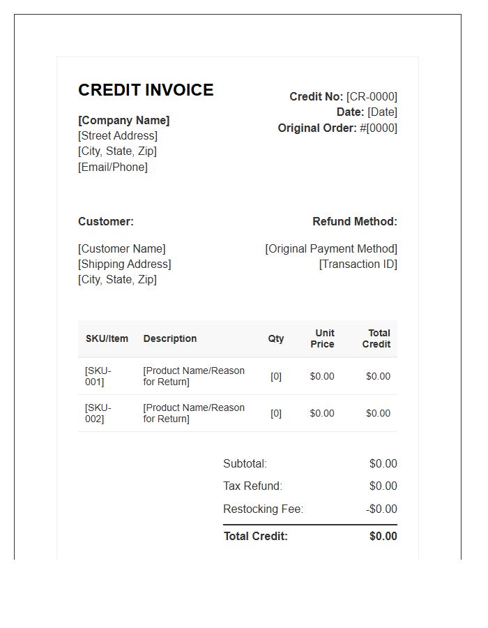 E-commerce Retail Return Credit Invoice Template