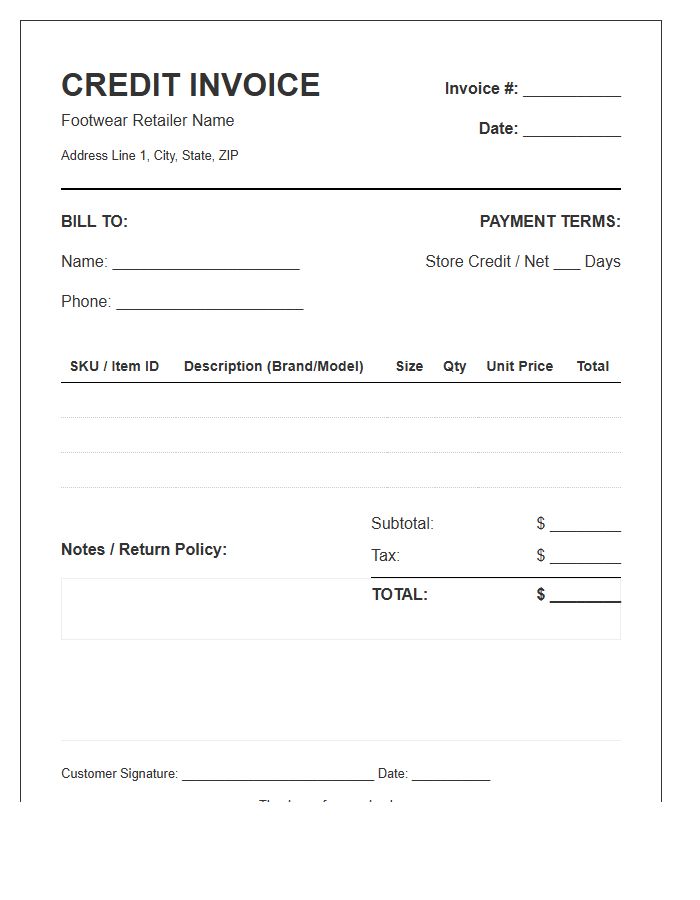 Footwear Retail Sales Credit Invoice Template