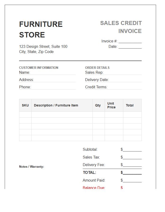 Furniture Store Sales Credit Invoice Template