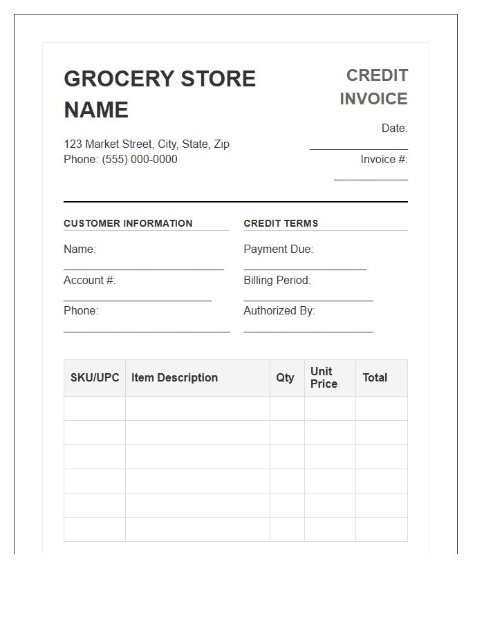 Grocery Store Customer Credit Invoice Template