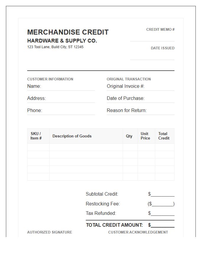 Hardware Store Merchandise Credit Invoice Template
